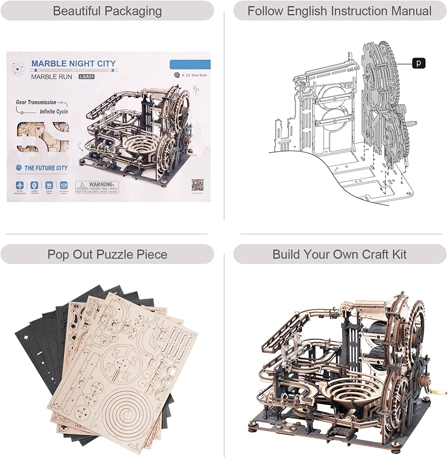 Robotime ROKR Marble Night City 3D Wooden Puzzle Games Assembly Waterwheel Model Toys For Children Kids Birthday Gift thumbnail 12